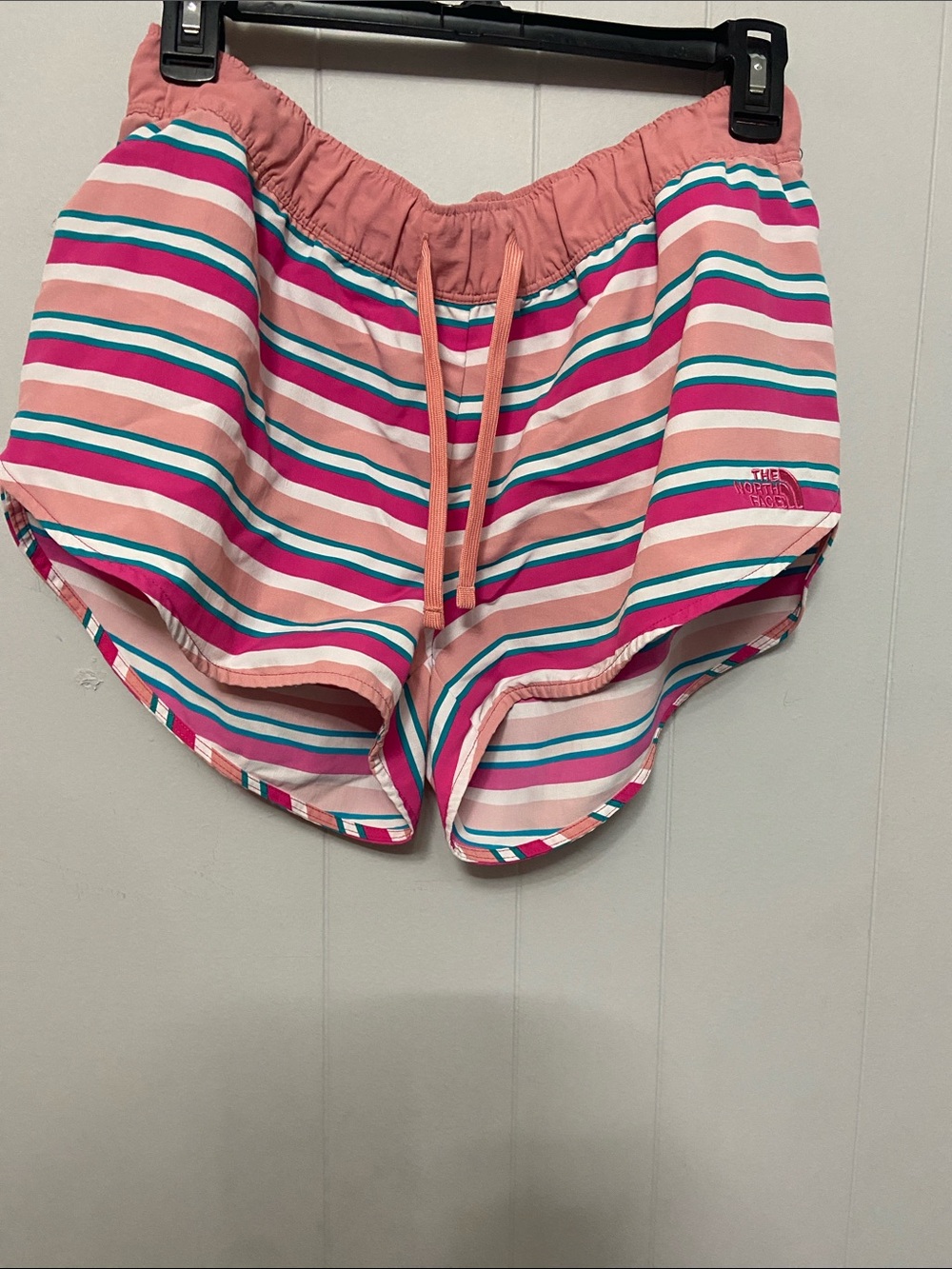 The North Face Pink Striped Women’s Athletic Shorts with Teal Accents. Size Med